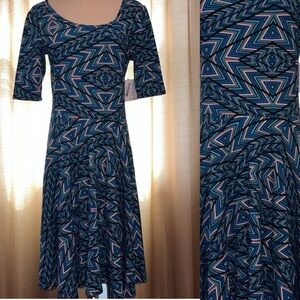 LuLaRoe Nicole Vibrant Geometric Print Stretchy Dress Blue Tones Womens Large